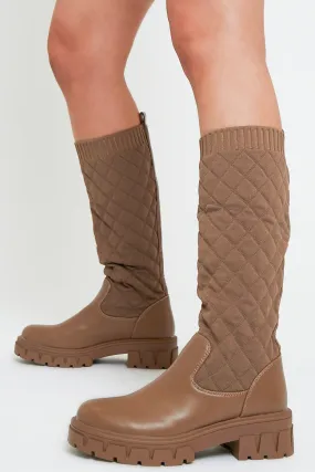 Brown Quilted Detail Knee High Boots - Bethsy