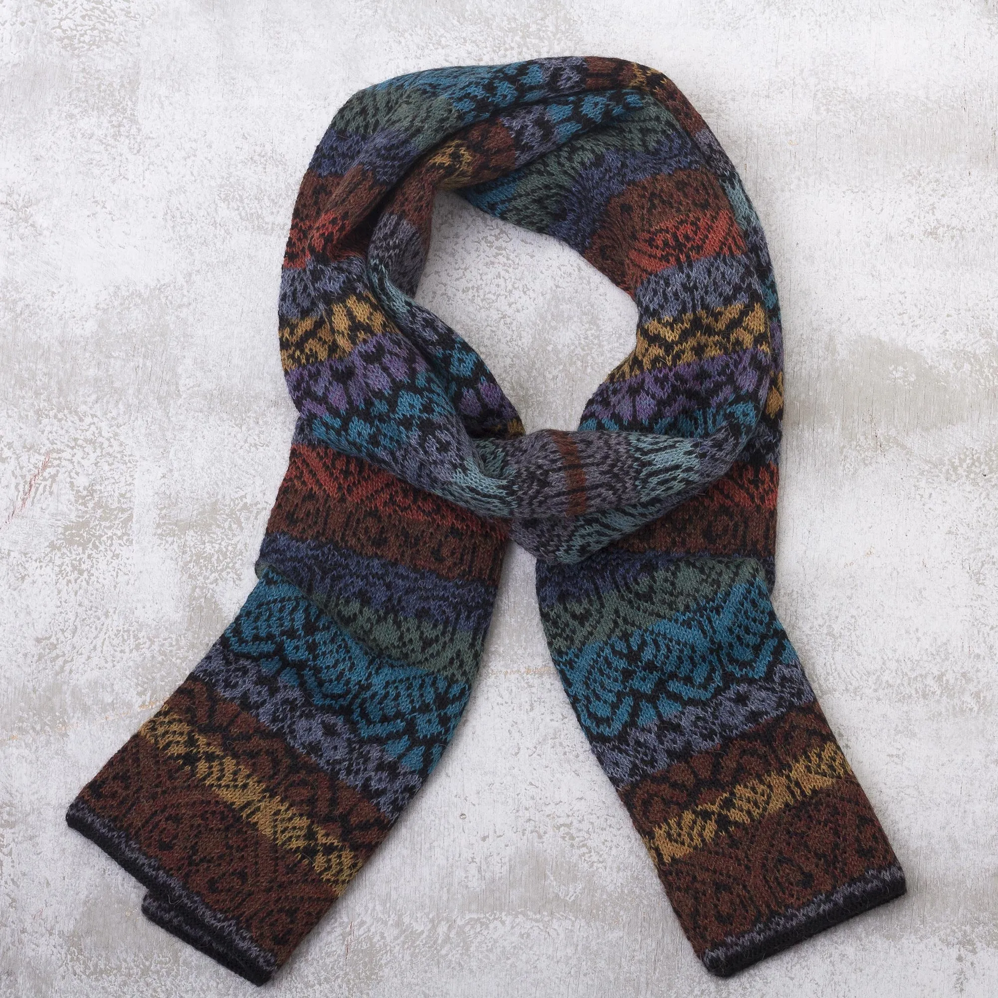 Earth and Sky Muted Multicolor Alpaca Knit Scarf from Peru