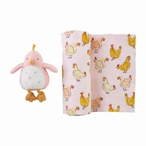 Farm Swaddle & Rattle Set in Pink