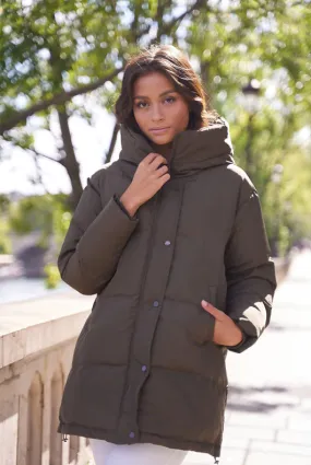 Khaki Hooded Funnel Neck Puffer Coat