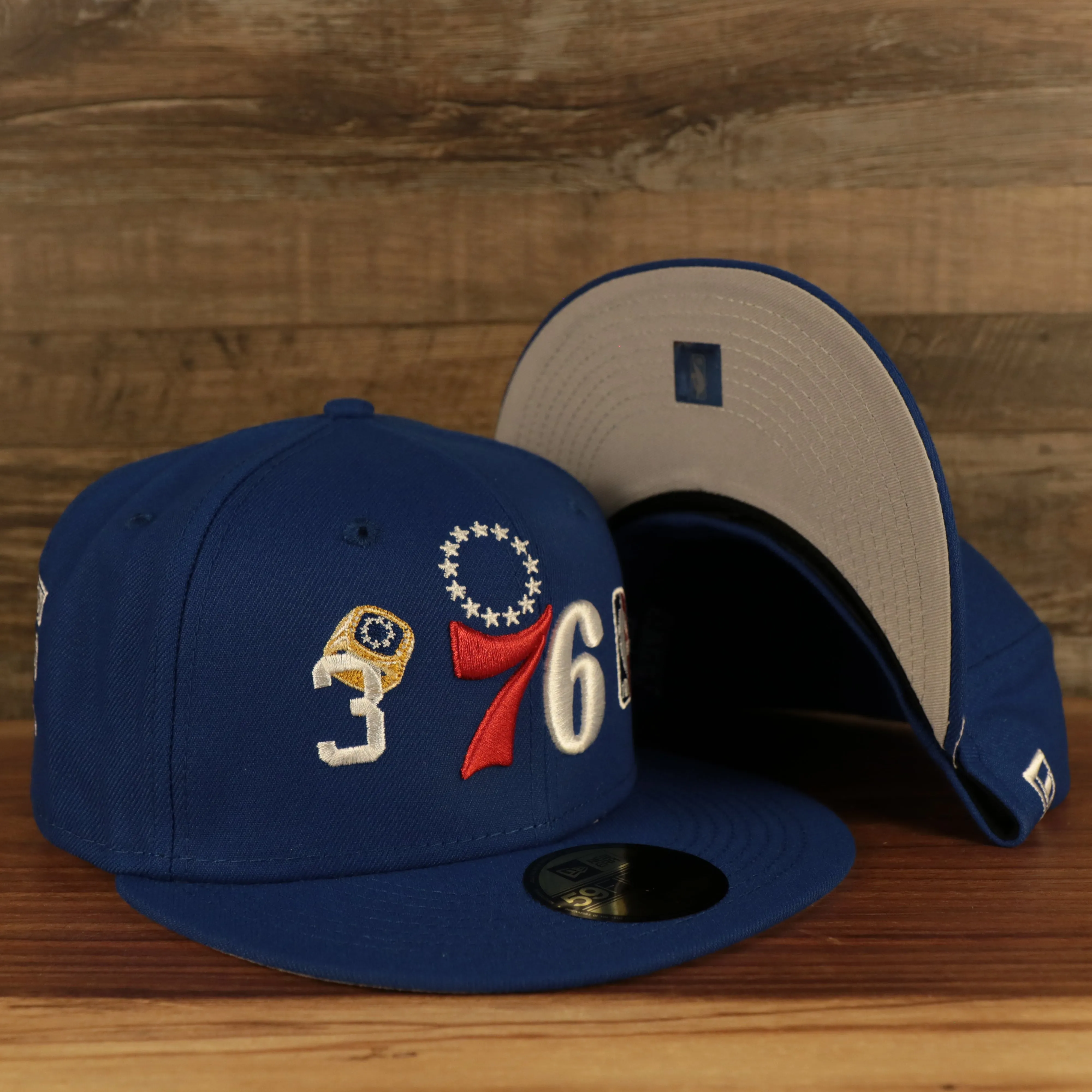 Philadelphia 76ers Championship Rings All Over Side Patch Gray Bottom 59FIFTY Fitted Cap