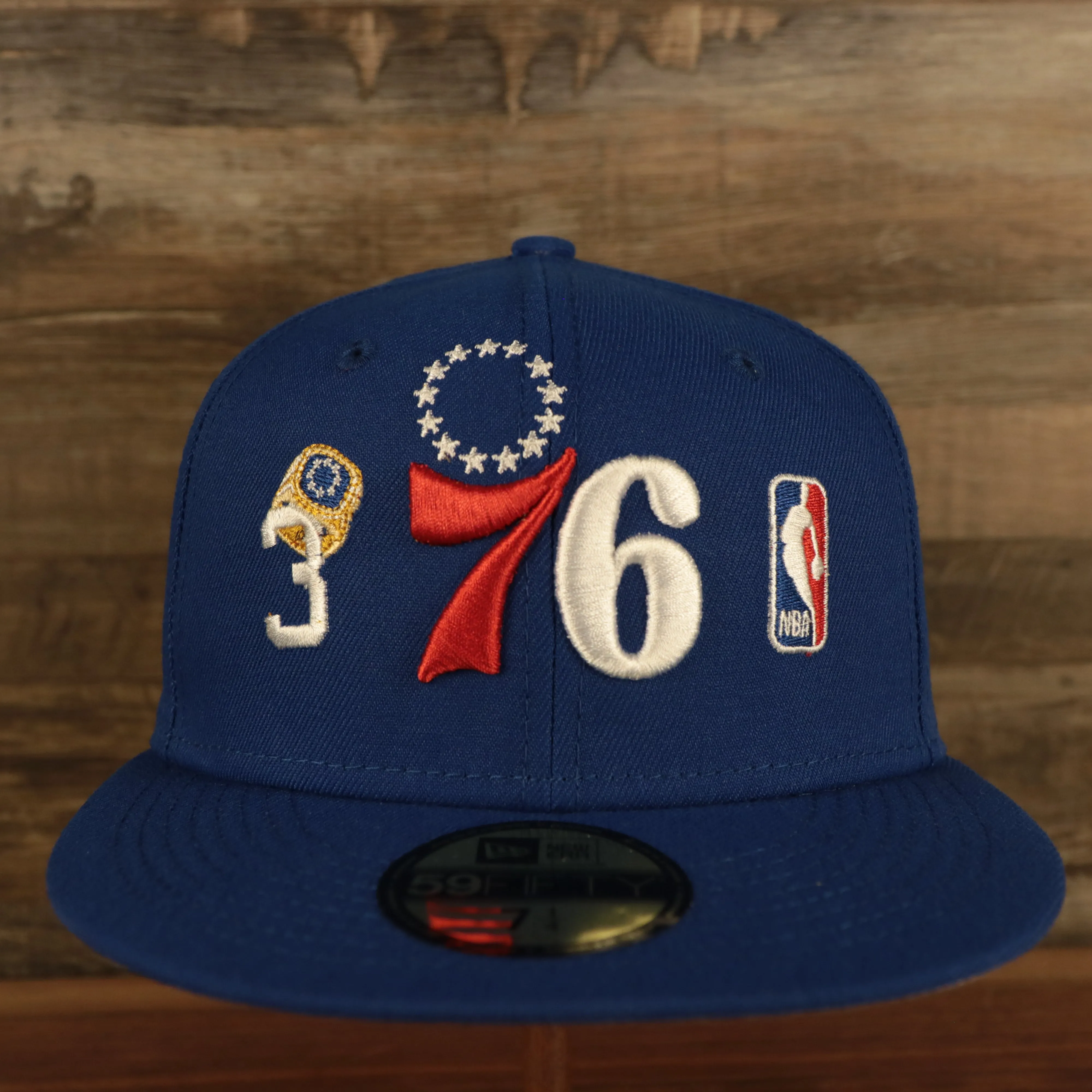 Philadelphia 76ers Championship Rings All Over Side Patch Gray Bottom 59FIFTY Fitted Cap