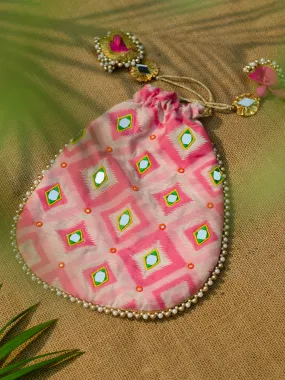 Rani Ikat Mirror Embroidered Potli Bag