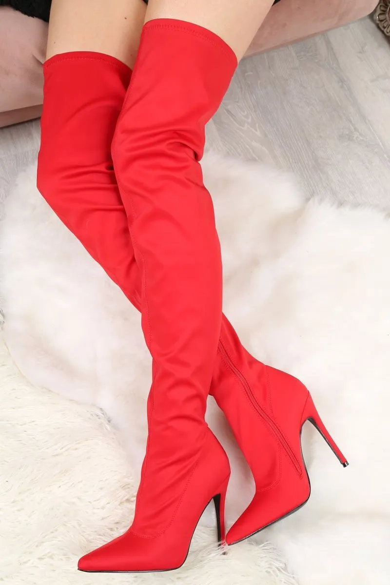 Red Stretch Thigh High Boots - Lariya