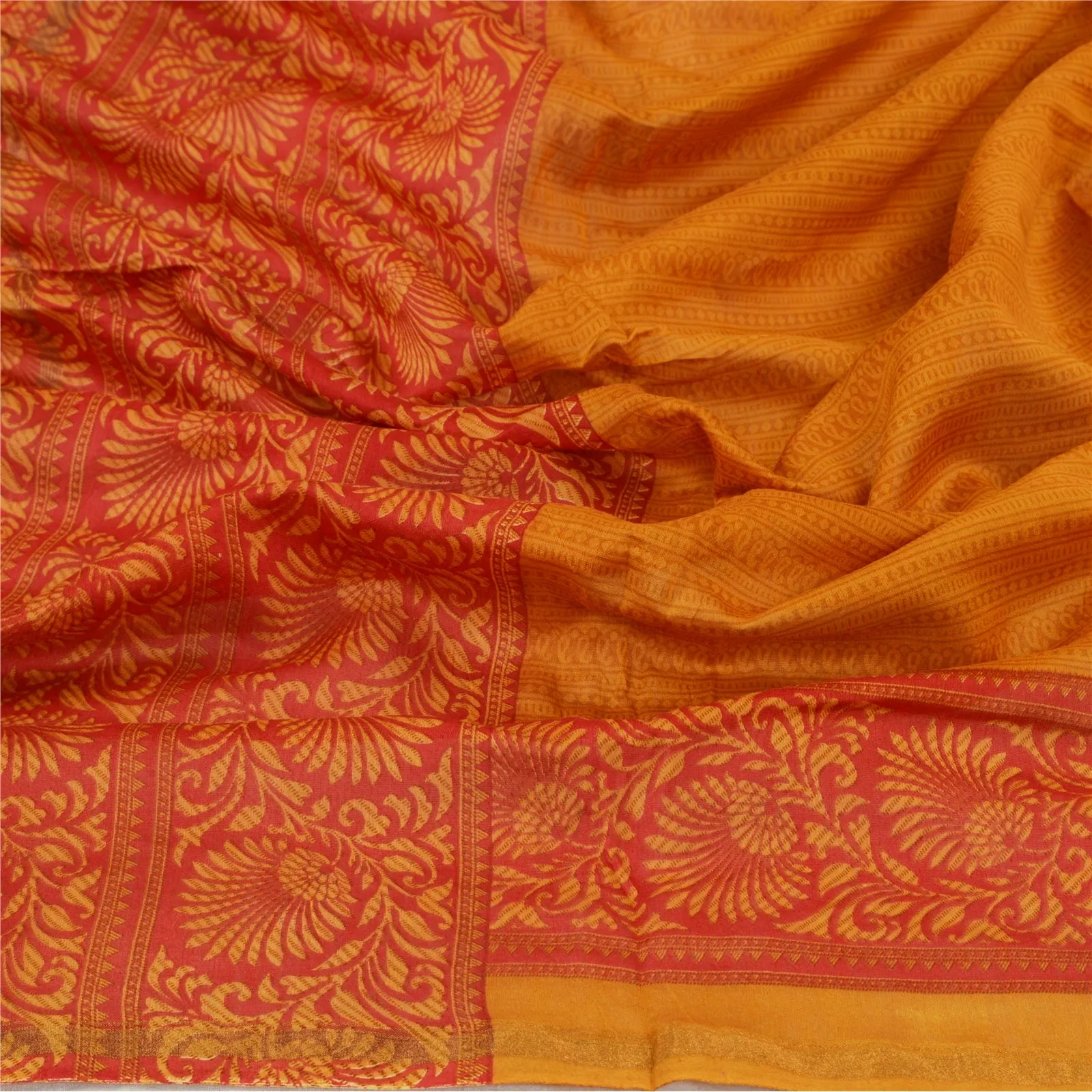 Sanskriti Vintage Long Red/Saffron Dupatta/Stole Blend Silk Printed Wrap Scarves