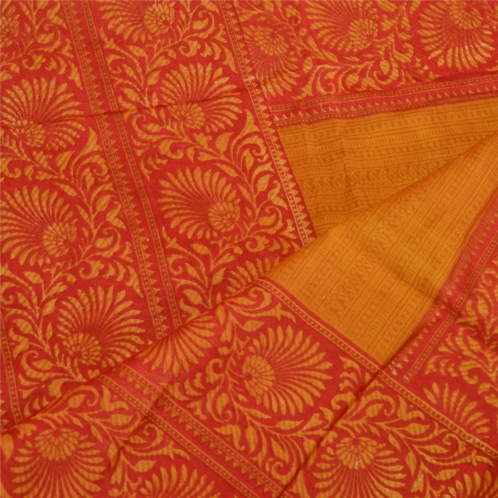 Sanskriti Vintage Long Red/Saffron Dupatta/Stole Blend Silk Printed Wrap Scarves