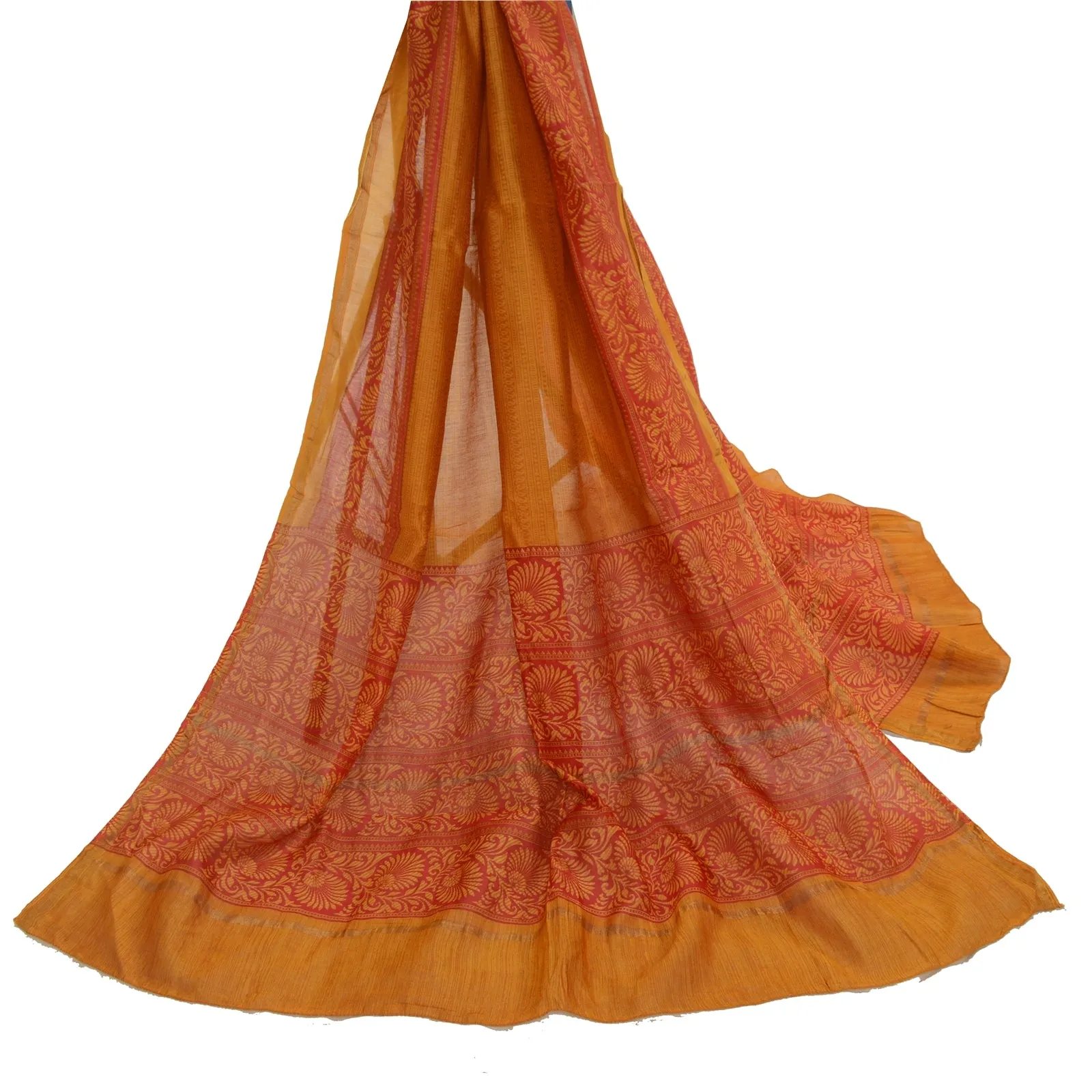 Sanskriti Vintage Long Red/Saffron Dupatta/Stole Blend Silk Printed Wrap Scarves