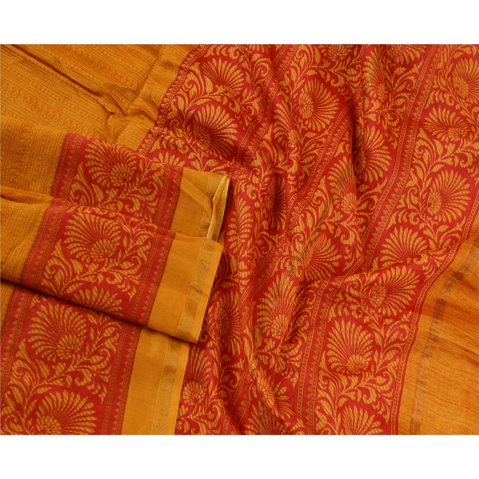 Sanskriti Vintage Long Red/Saffron Dupatta/Stole Blend Silk Printed Wrap Scarves