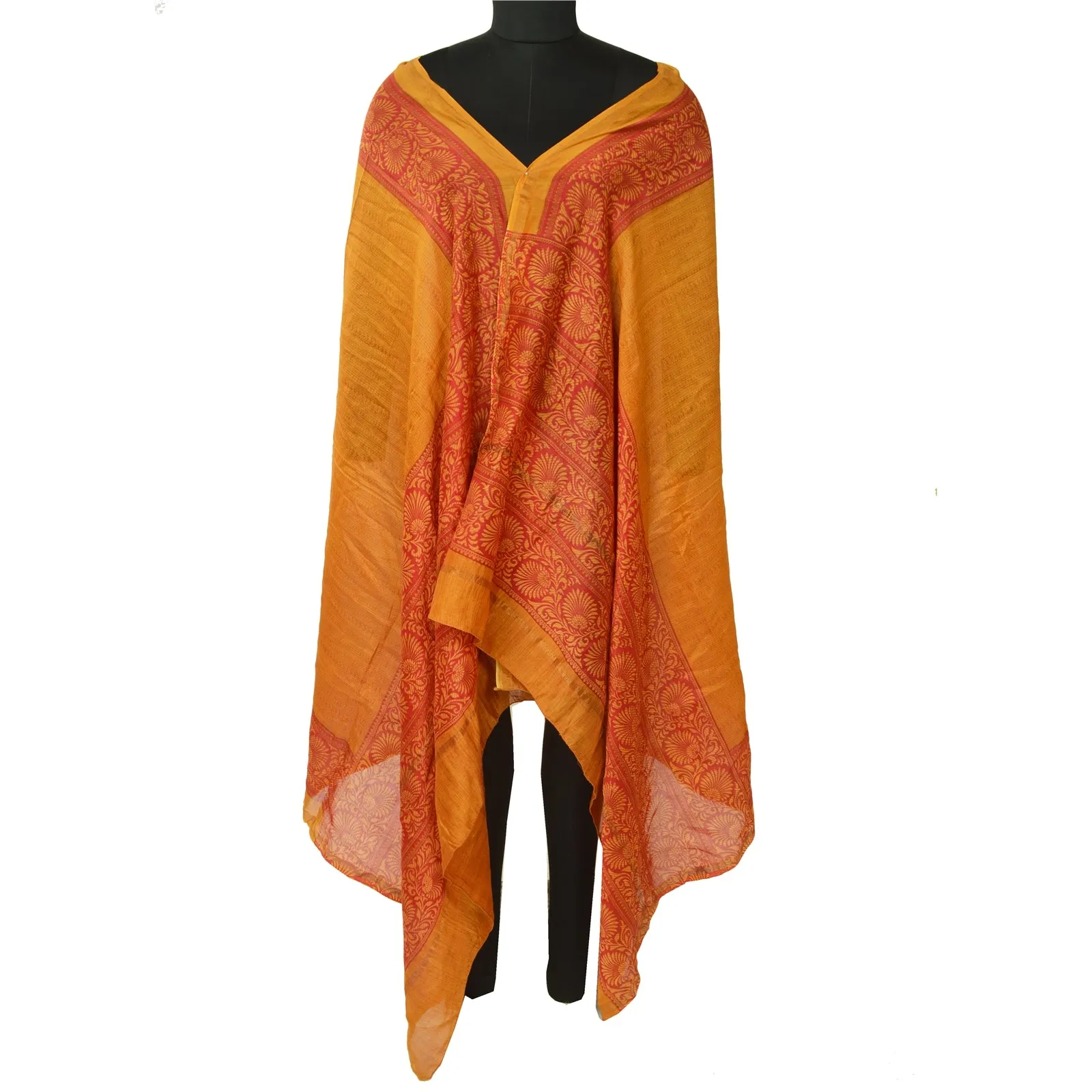 Sanskriti Vintage Long Red/Saffron Dupatta/Stole Blend Silk Printed Wrap Scarves